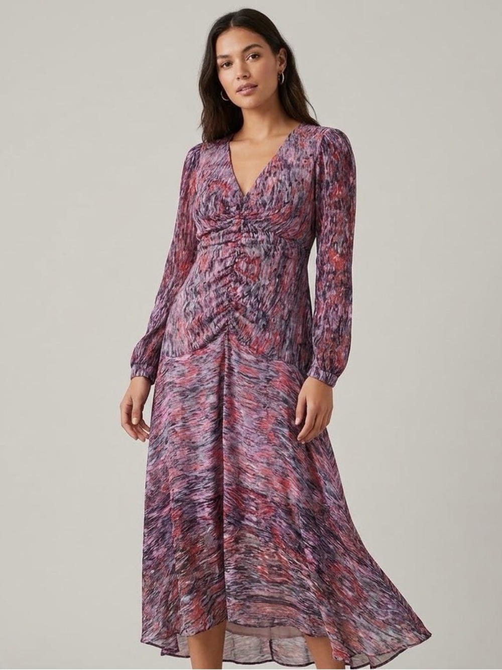 Parker 100% silk abstract Print Ruched Midi Dress Long Sleeve High-Low Hem